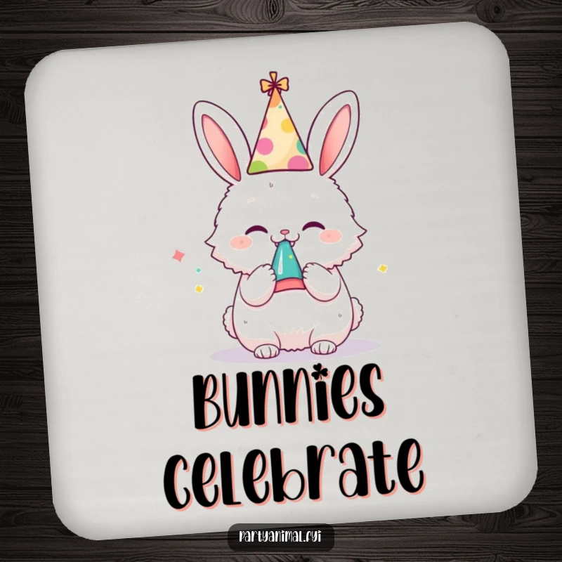 Funny drink coaster featuring a fluffy bunny in a party hat, blowing a noisemaker with joy, adding festive humor.