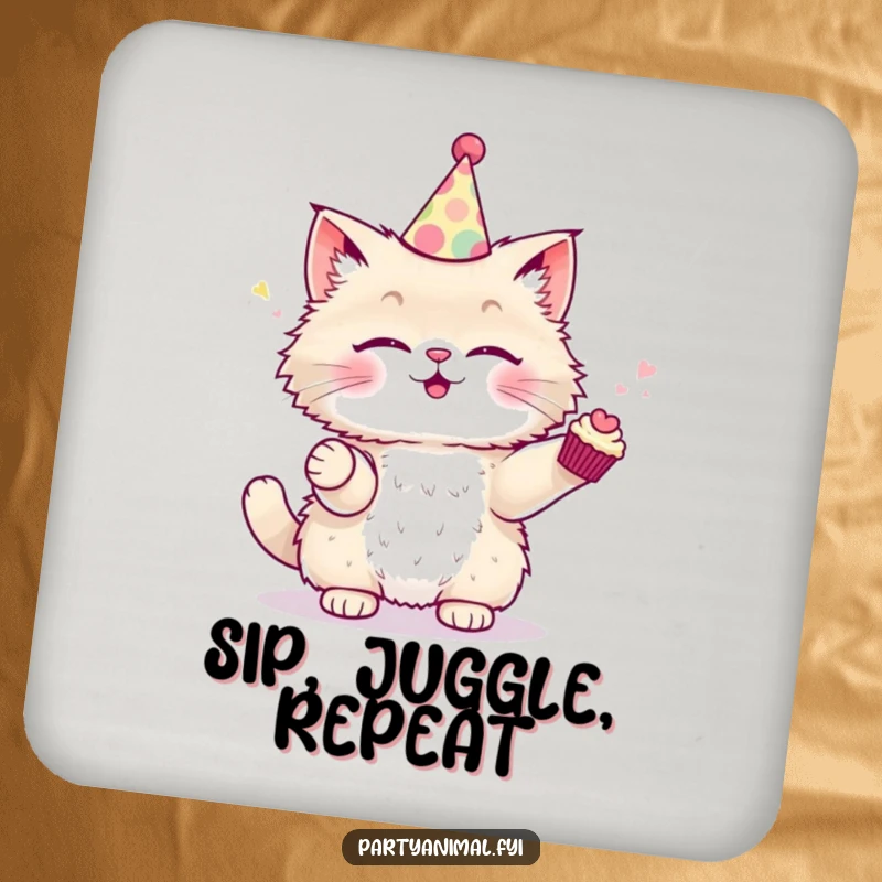 Funny Drink Coaster showcasing a fluffy cat in a party hat, juggling tiny cupcakes.