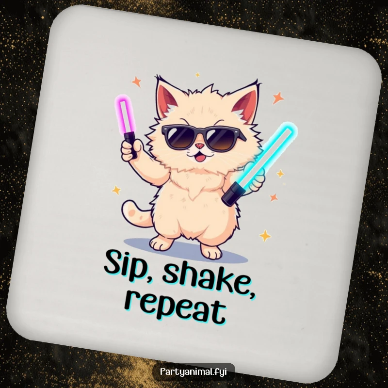 Funny drink coasters showcasing a cat wearing sunglasses, dancing with glow sticks, perfect for party tables.