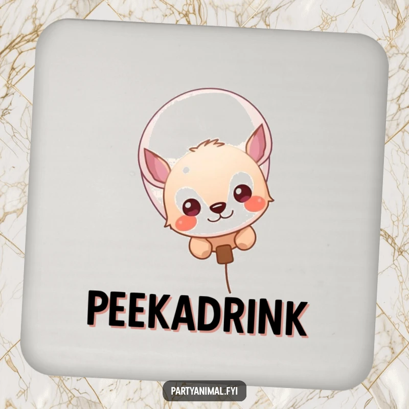Funny drink coasters depicting a curious animal character peeking from behind a colorful balloon, adding whimsy.