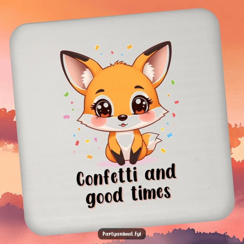 Funny drink coaster featuring a wide-eyed fox character juggling vibrant confetti, protecting surfaces with festive flair.