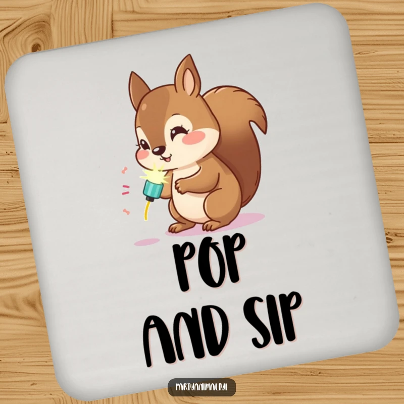 Funny Kawaii Squirrel Coasters: Cute squirrel examining a glowing party popper, adding curious humor to drink protection.