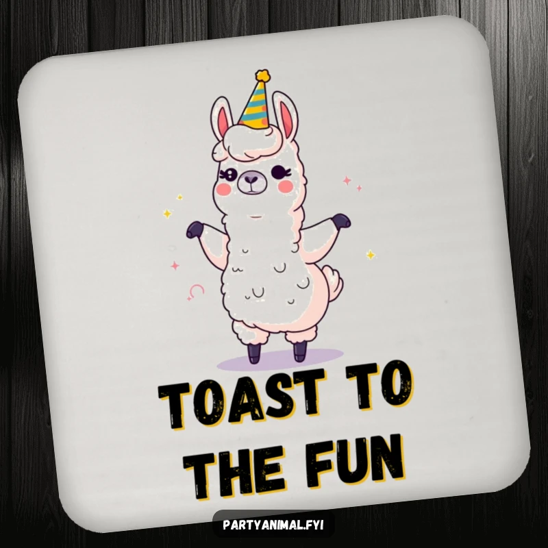 Funny coasters featuring a winking llama character dancing with a large, sparkling party horn, perfect for festive tabletops.