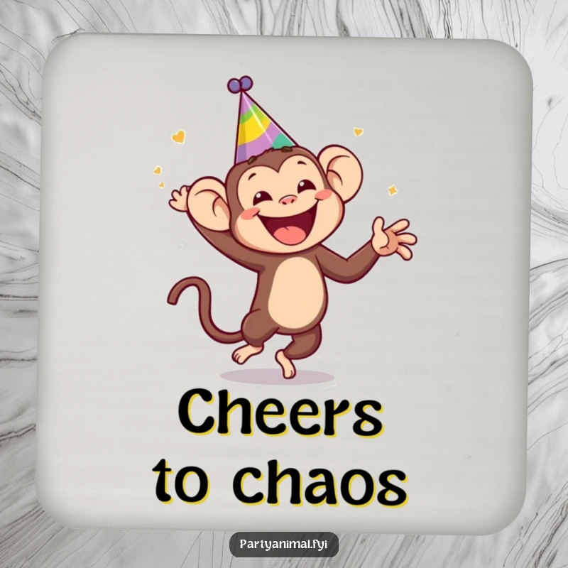 Funny monkey wearing a silly party hat, dancing wildly on a drink coaster, protecting tables with humor and style, a perfect funny gift.