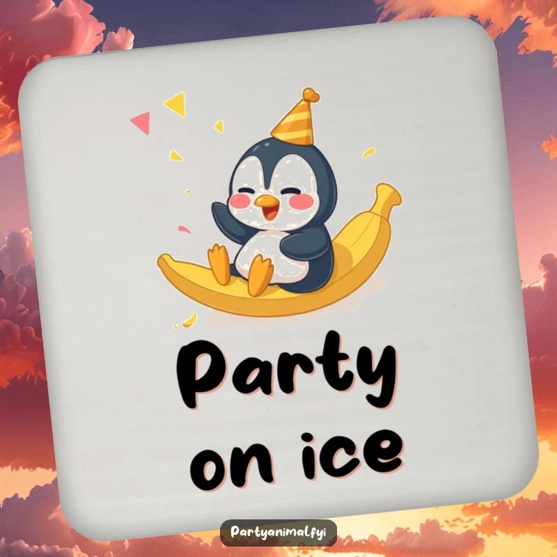 Funny giggling penguin character sliding on a banana peel at a party on drink coasters, adding humor.