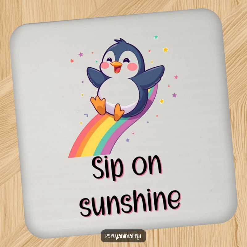 Funny gleeful penguin sliding down a rainbow with a confetti trail on a drink coaster, protecting tables with charming humor, a perfect funny gift.