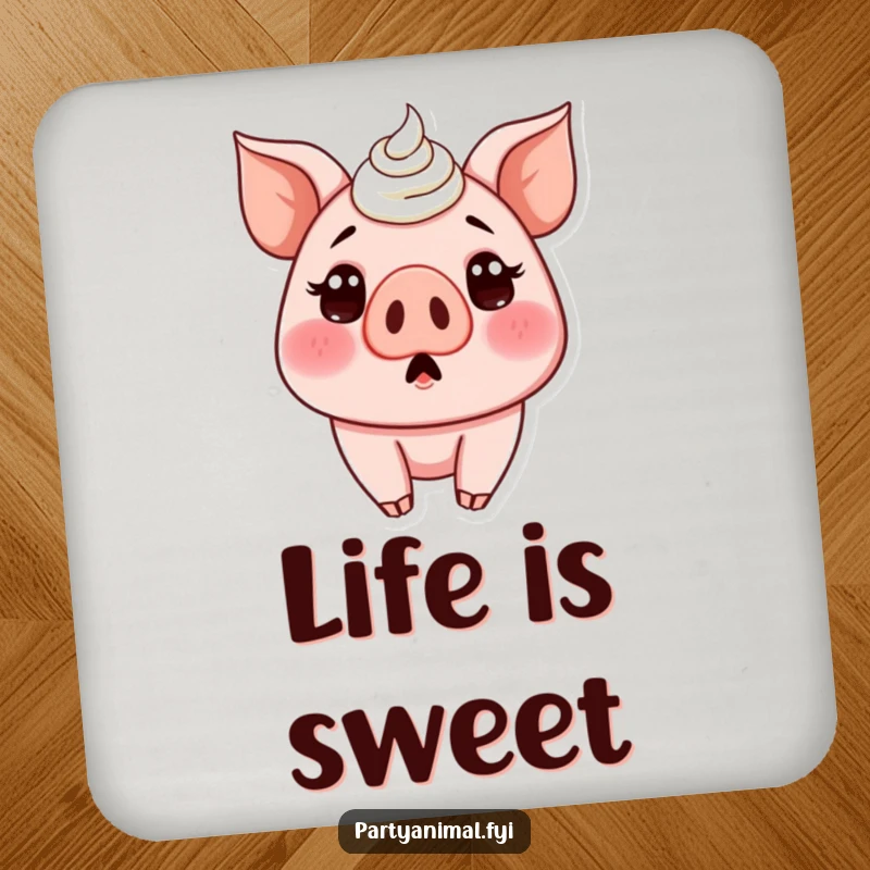 Funny drink coaster featuring a surprised pig character with its nose completely smeared with sweet, white cake frosting.