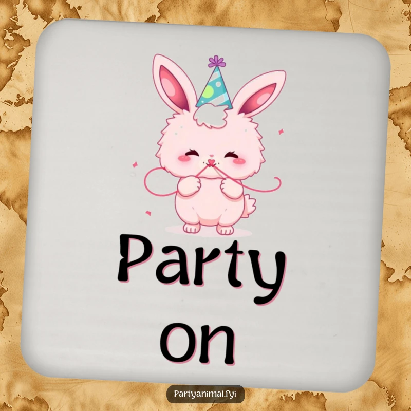 Funny fluffy pink bunny in a party hat, happily blowing a streamer, a cute and functional addition to any table.