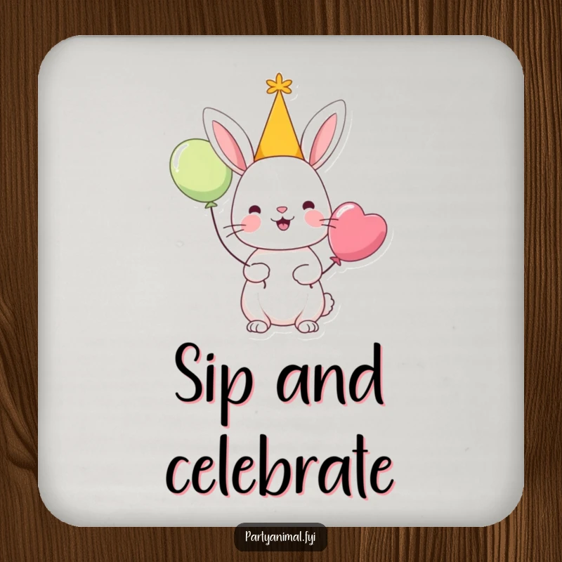 Funny drink coaster featuring a cheerful rabbit character in a party hat holding a balloon, protecting tables with festive charm.