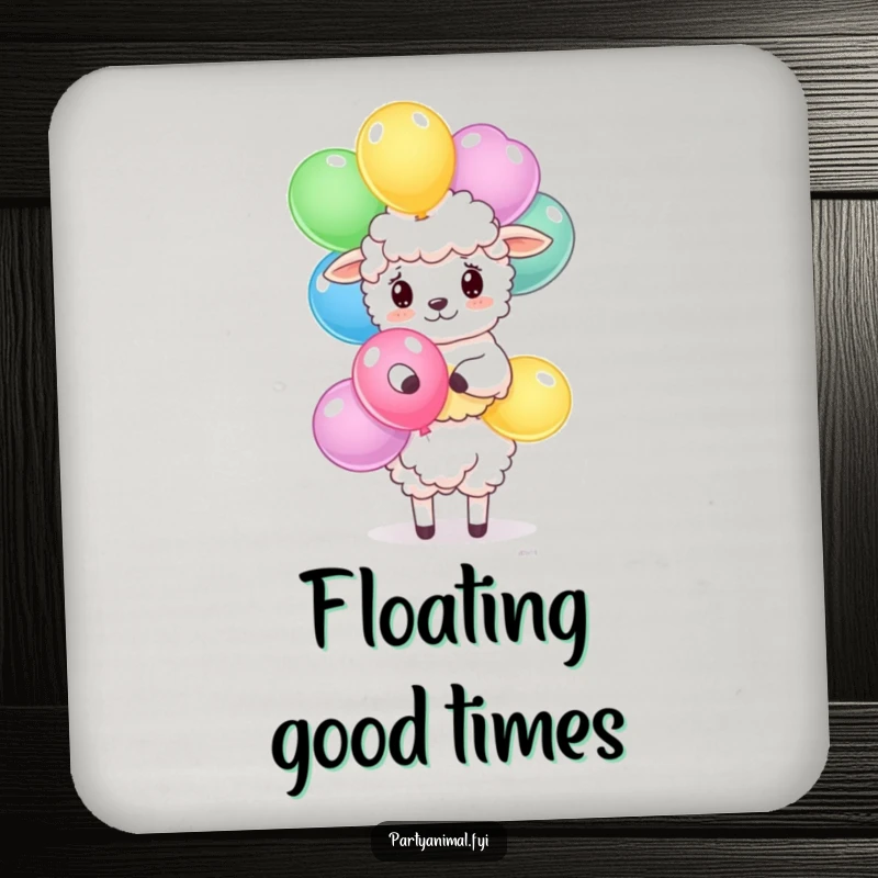 Funny sheep drink coaster featuring a fluffy character balancing a stack of colorful balloons, a charming tabletop accessory.