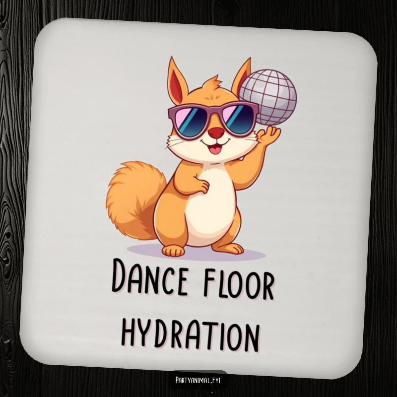 Funny squirrel drink coaster featuring a cool squirrel in sunglasses holding a disco ball, a groovy tabletop accent.