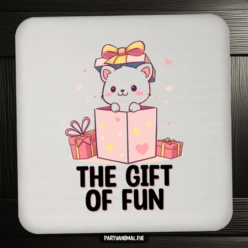 Funny Drink Coasters: A small animal character bursts from a festive gift box, adding surprise to drinks.