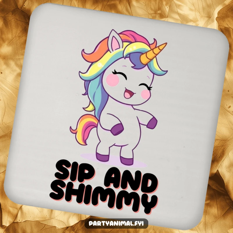 Funny unicorn drink coaster, a giggling character with a rainbow mane dancing a silly dance, protecting surfaces with a smile.