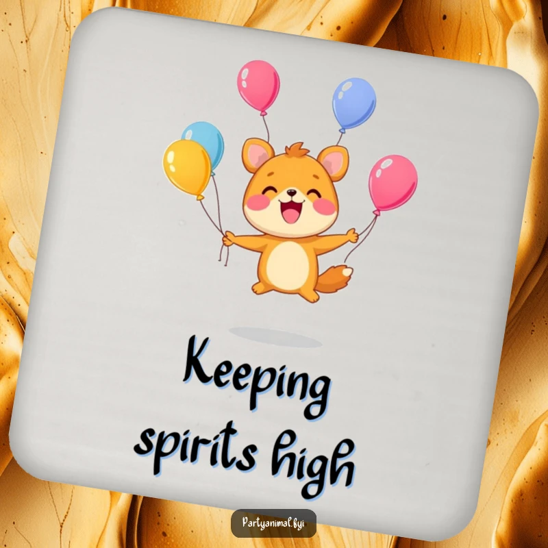 Funny Drink Coasters: A cute animal character juggles bright balloons with a huge smile, adding fun to drinks.