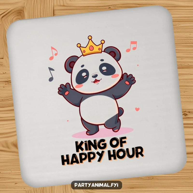 Funny drink coaster featuring a joyful panda wearing a tiny crown, captured mid-dance with a look of pure musical delight.