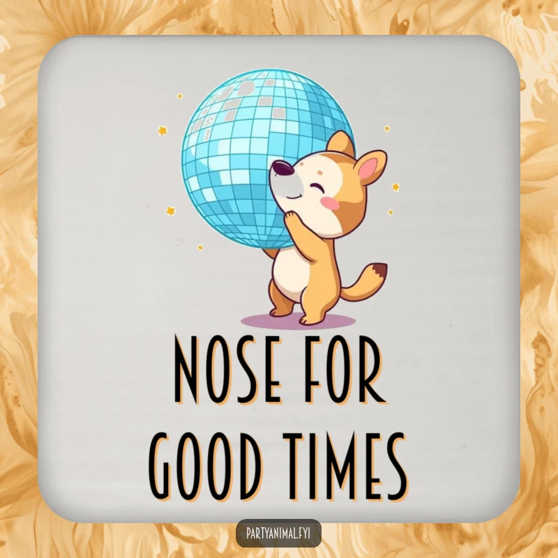 Funny Drink Coasters: An animal character bounces a giant disco ball with its nose, adding disco fun to drinks.