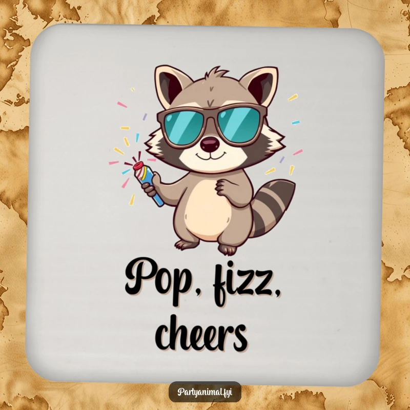 Funny coaster featuring a mischievous raccoon in sunglasses holding a confetti popper, a fun addition to any table.