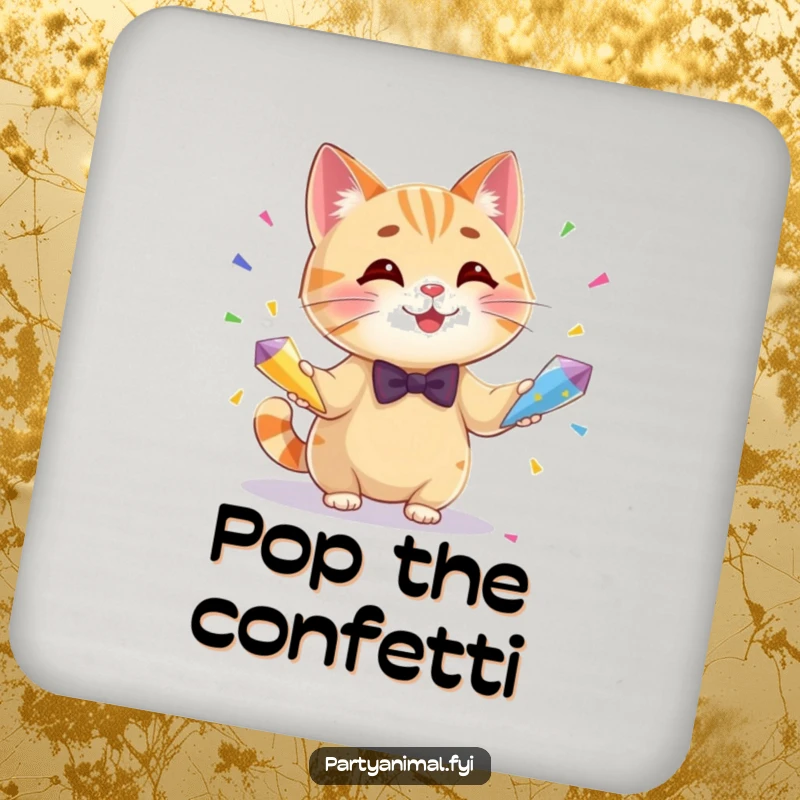 Funny coasters featuring a dapper cat in a bow tie, juggling three colorful confetti cones, adding a festive vibe to tabletops.