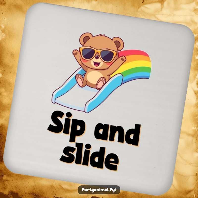 Funny coasters featuring a bear in large sunglasses, gleefully sliding down a bright rainbow, perfect for protecting surfaces with style.