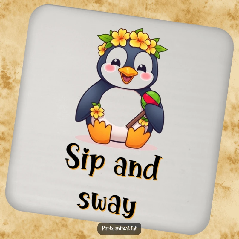 Funny drink coasters featuring a penguin wearing a lei and shaking maracas, perfect for tropical party tables.