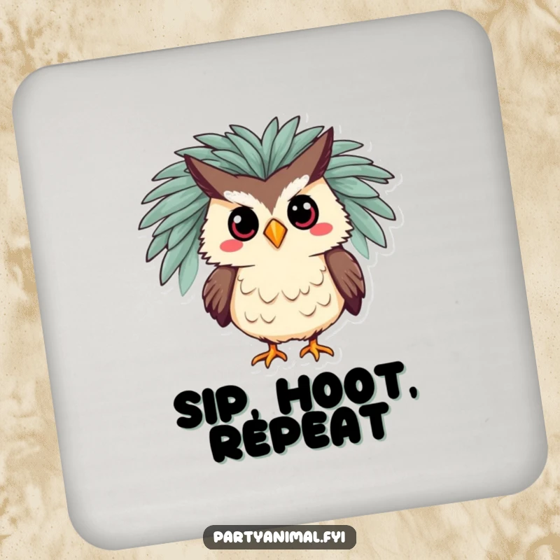 Funny coaster featuring a silly owl in a feathered boa, striking a pose, protecting surfaces with theatrical style and humor.