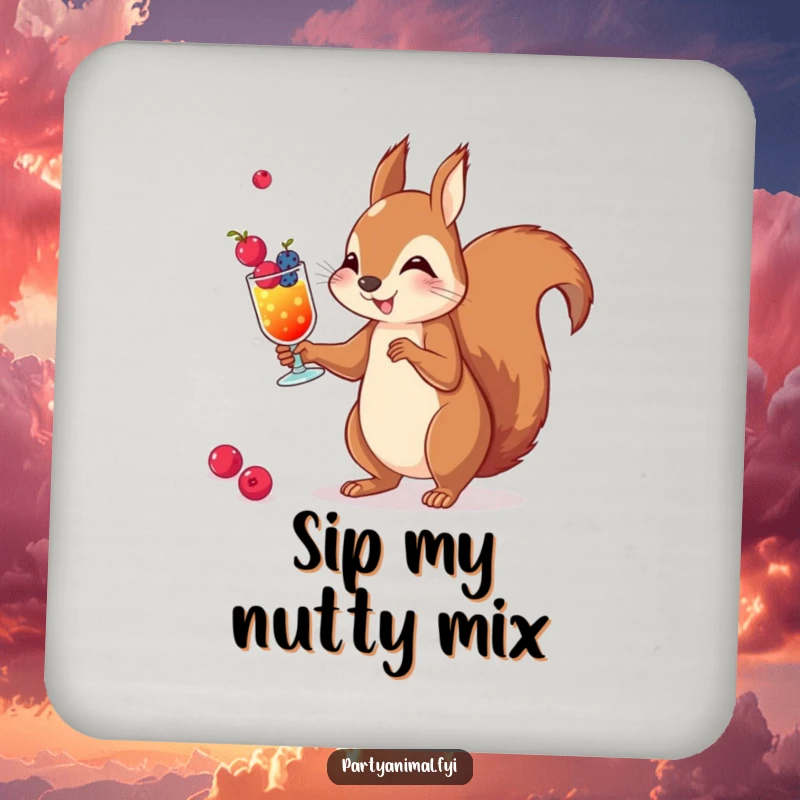 Funny drink coasters featuring a squirrel juggling tiny berry cocktails, adding a touch of whimsy to any table.