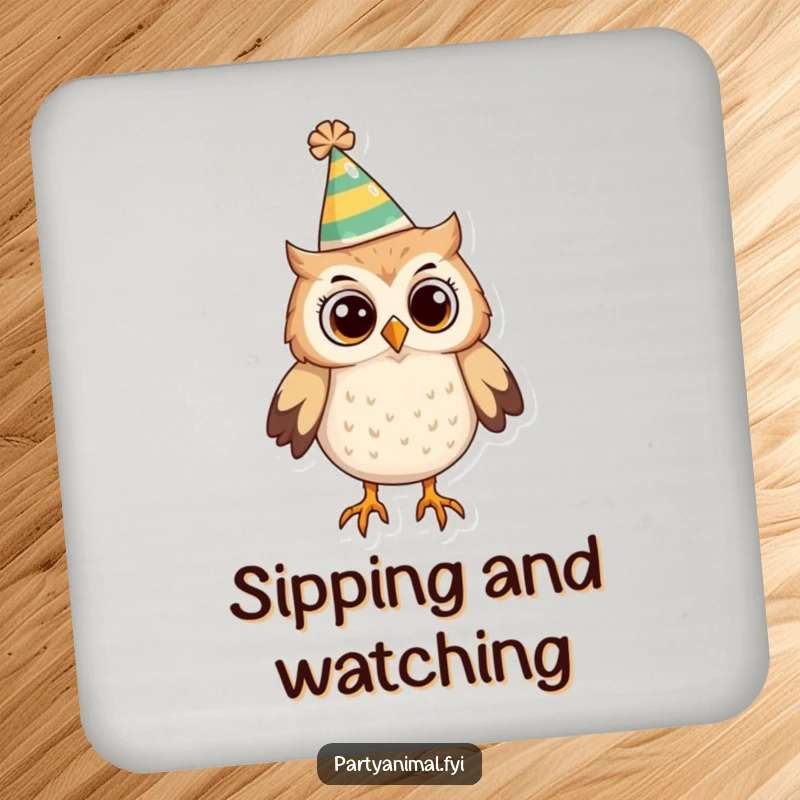 Funny Owl Coaster: A curious owl wearing a funny party hat looks around, adding a whimsical and observant touch to drink protection.