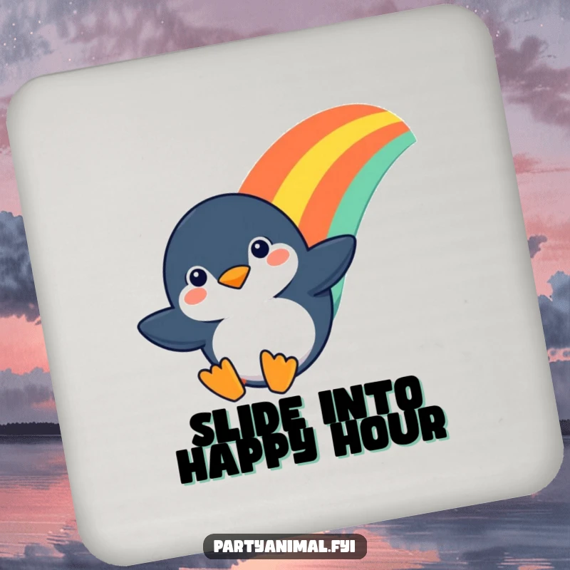 Funny drink coaster featuring a determined penguin character sliding down a rainbow, protecting surfaces with vibrant flair.