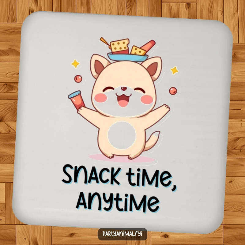 Funny animal character balancing various snacks on its head, serving as a humorous and protective drink coaster.