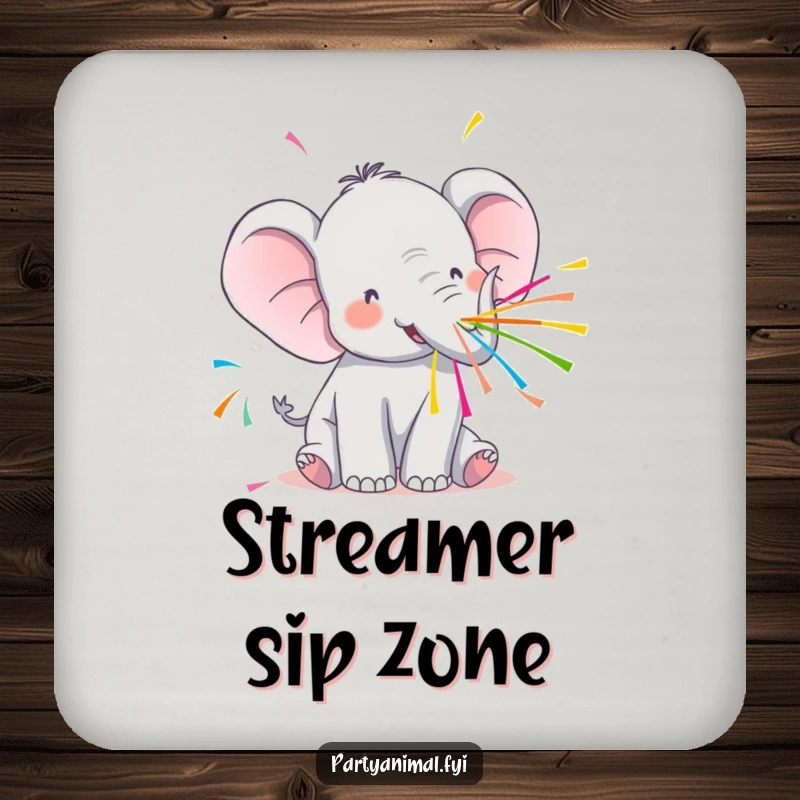 Funny Kawaii Elephant Coasters: Cute elephant spraying colorful streamers, adding festive humor to drink protection.