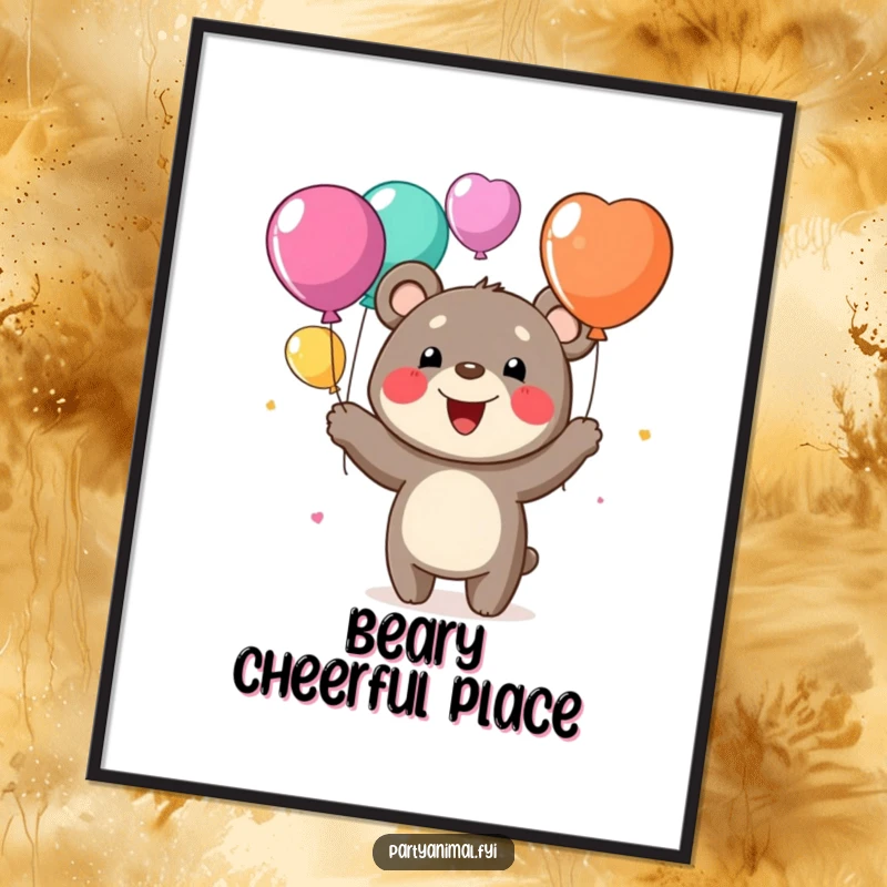 Funny poster of a cheerful bear character with a wide grin, skillfully juggling colorful balloons, perfect for happy wall decor.