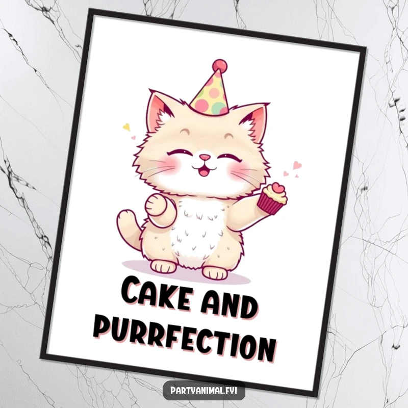 Funny Poster of a fluffy cat wearing a party hat, skillfully juggling tiny cupcakes with a cheerful expression.