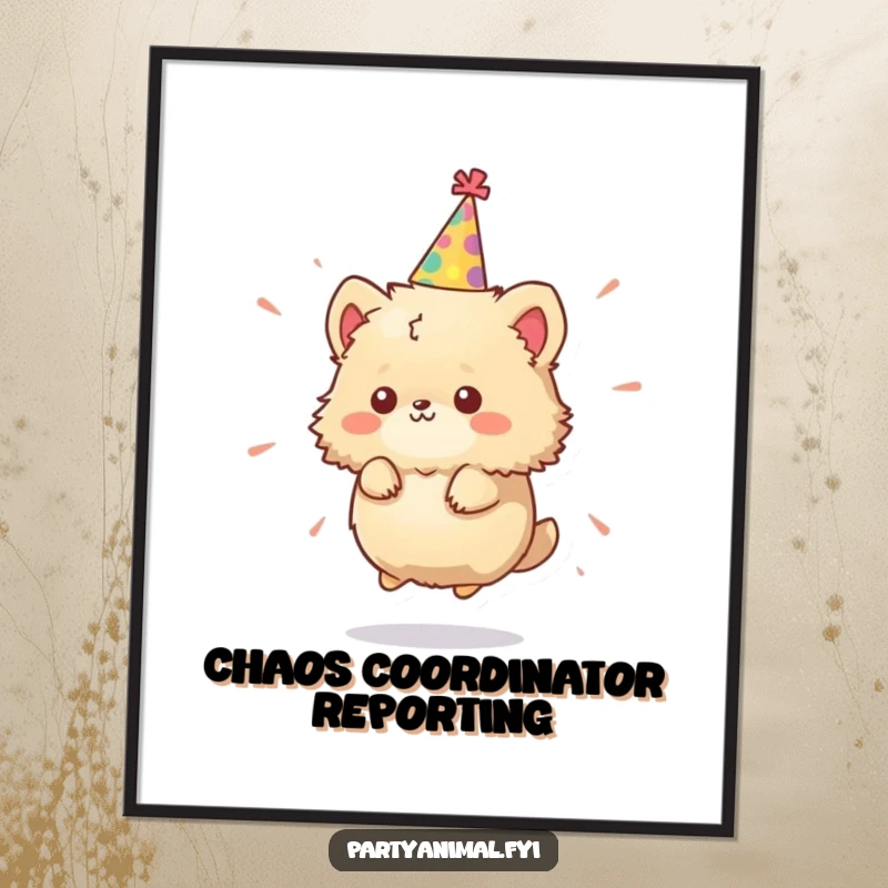 Funny Poster: A tiny, fluffy animal character wearing a party hat spins with wild abandon, radiating pure, uninhibited fun.