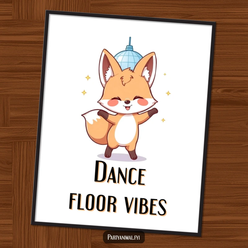 Funny poster of a giggling fox character dancing under a sparkling disco mirror ball, perfect for adding groovy decor.
