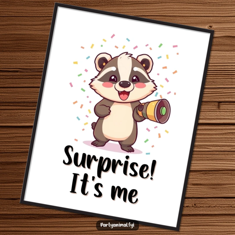 Funny Badger Poster: A delighted badger bursts dramatically out of a confetti cannon, creating a colorful and exciting visual spectacle.