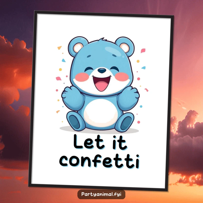 Funny blue bear character gleefully launching confetti, a joyful piece of wall art to brighten any space.