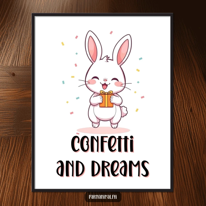 Funny Poster featuring a happy, bouncing bunny surrounded by falling confetti and holding a small gift.