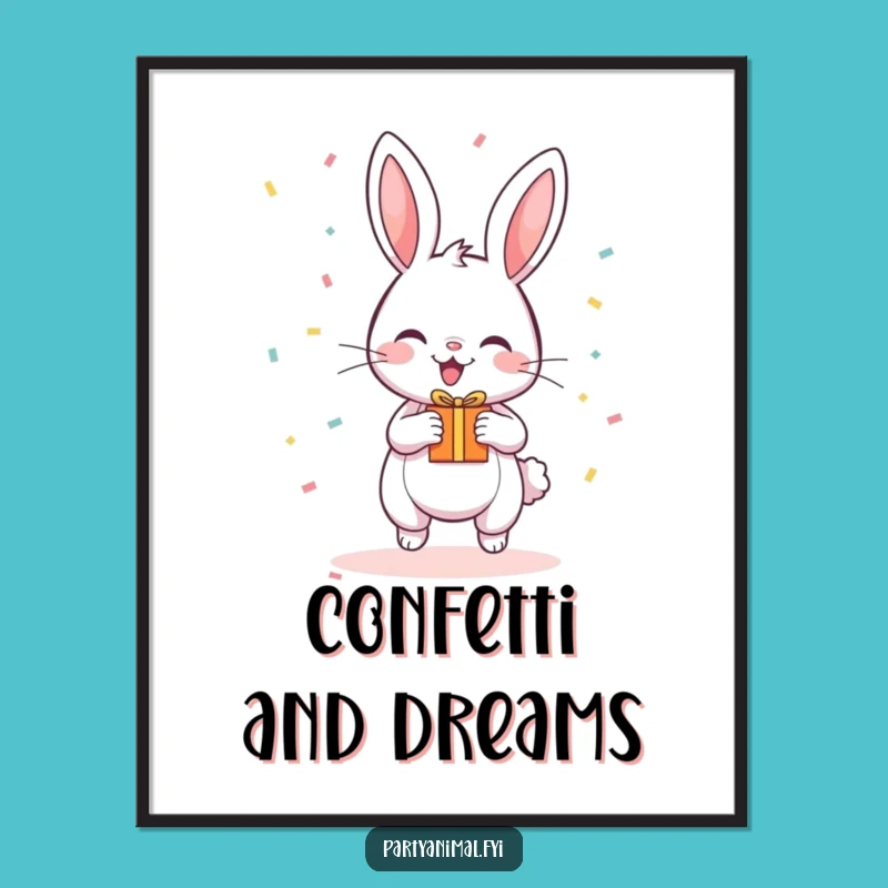 Funny Bunny Party Poster - Bouncing Confetti Gift Art, Unique Funny Gift Decor