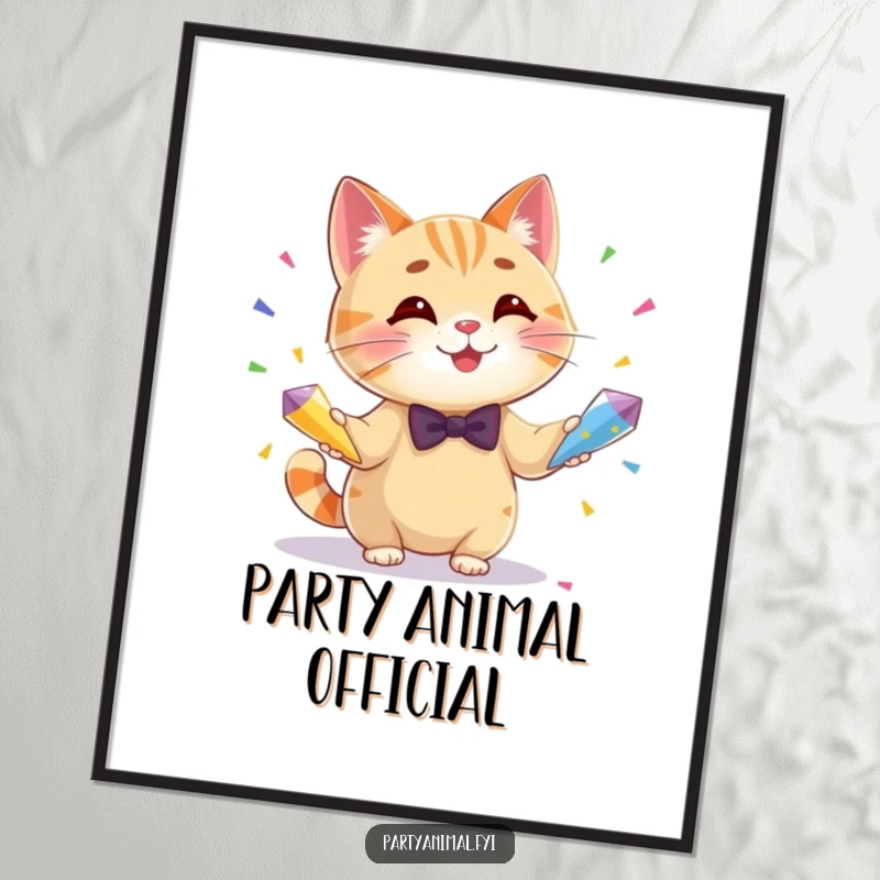 Funny poster featuring a smiling cat in a tiny bow tie, expertly juggling three vibrant confetti cones, creating a whimsical scene.