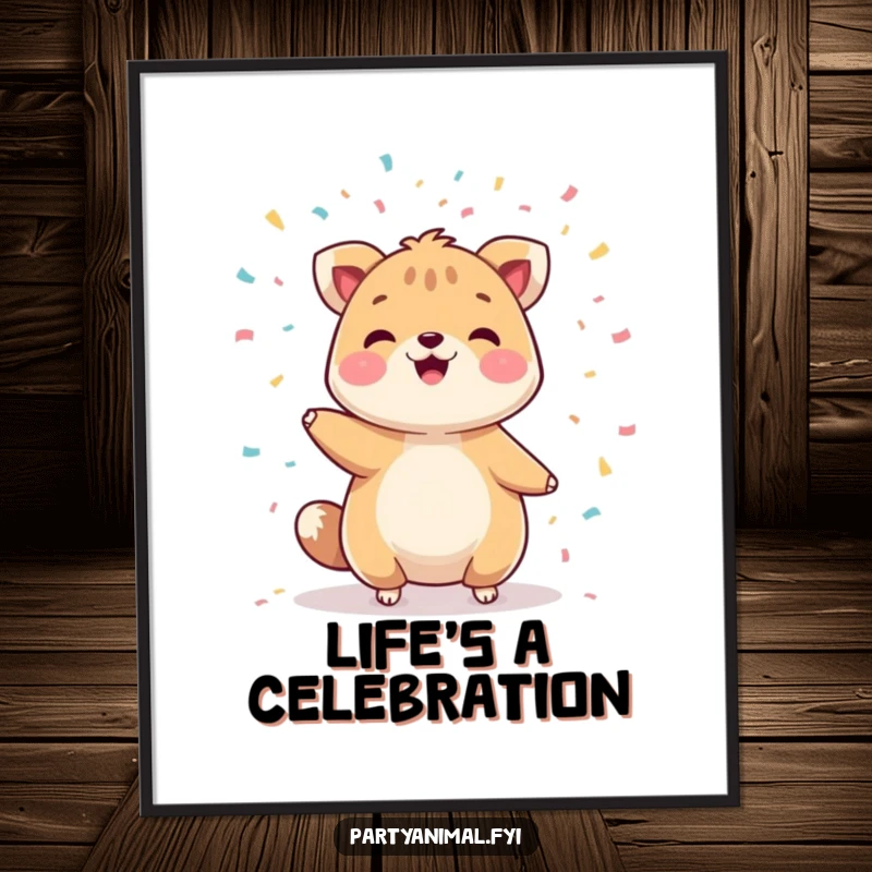 Funny poster print of a cheerful animal character artistically juggling colorful confetti, creating a lively and humorous display.