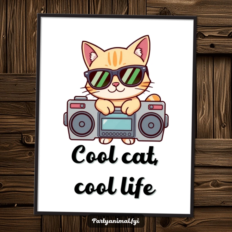 Funny poster featuring a cat in sunglasses posing coolly on a boombox, embodying hip-hop culture and feline attitude.