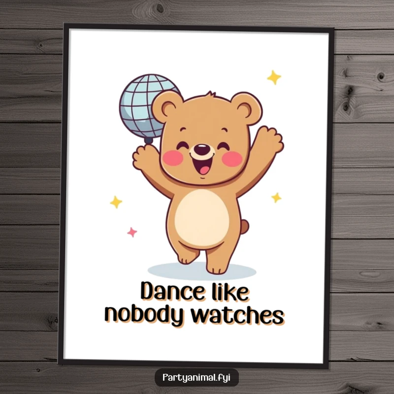 Funny poster showing a happy bear character dancing energetically with a shimmering, spinning disco ball, evoking a vibrant dance floor.