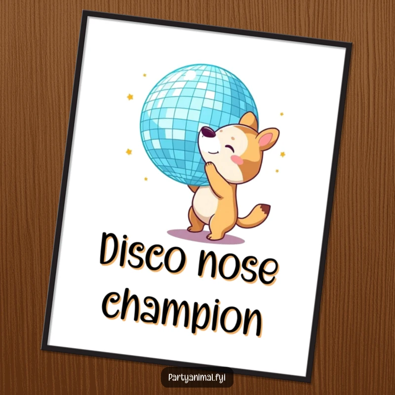 Funny Poster: An animal character actively bounces a giant disco ball with its nose, creating a dazzling party scene.