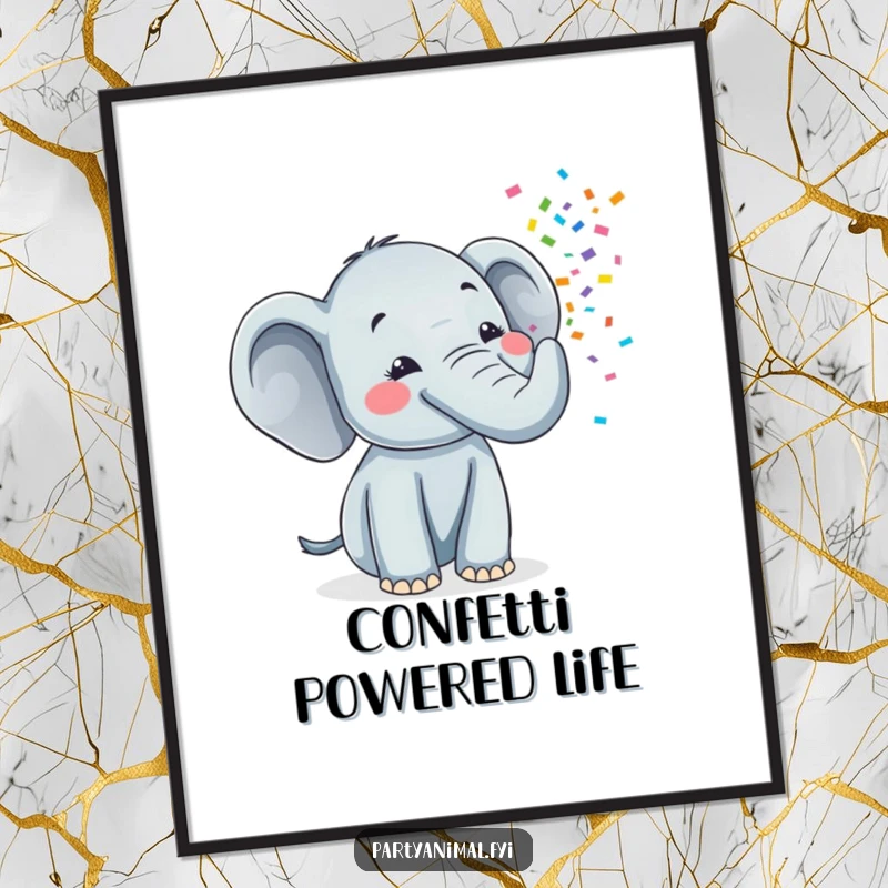 Funny poster showcasing a happy elephant with its trunk blowing a colorful stream of confetti, creating a festive and whimsical scene.