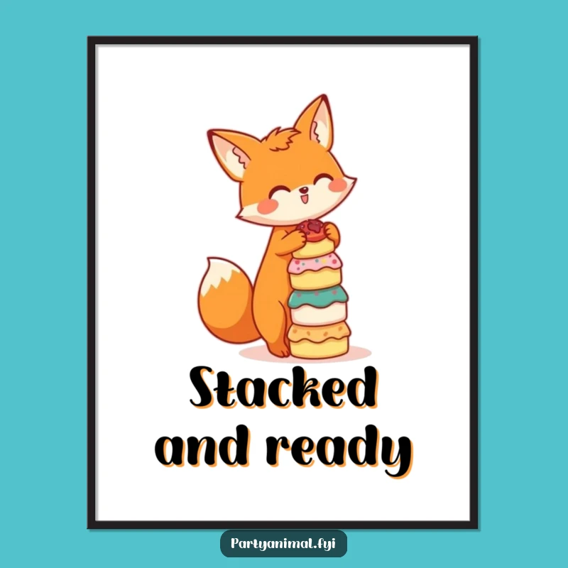 Funny Fox Baker Poster: Whimsical Orange Fox Balancing Cakes Art, Perfect Gift