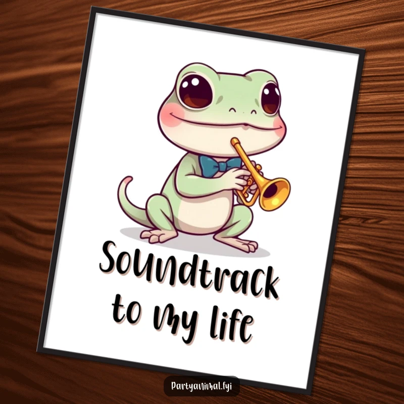 Funny poster of a dapper gecko in a tiny bow tie playing a miniature trumpet, capturing a moment of smooth jazz performance.