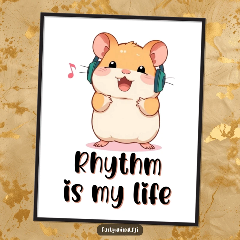 Funny Poster displaying a happy hamster wearing tiny headphones, energetically bouncing to music, creating a dynamic and cheerful visual accent.