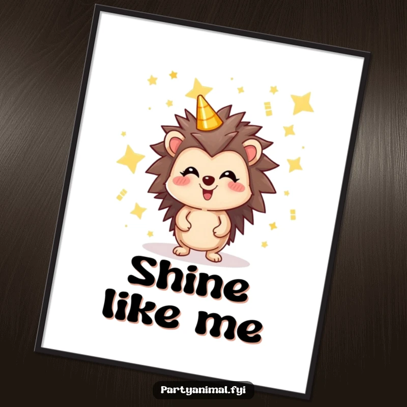 Funny poster featuring a joyful hedgehog character amidst a cascade of shimmering party stars, radiating pure, celebratory delight and whimsy.