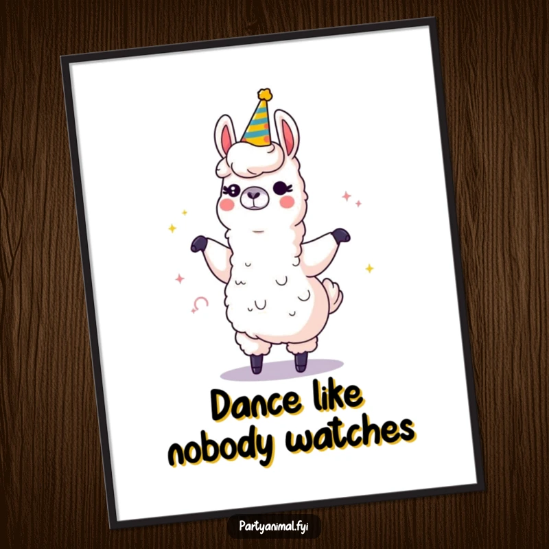 Funny poster showcasing a winking llama dancing energetically with a giant, sparkling party horn, creating a whimsical, festive scene.