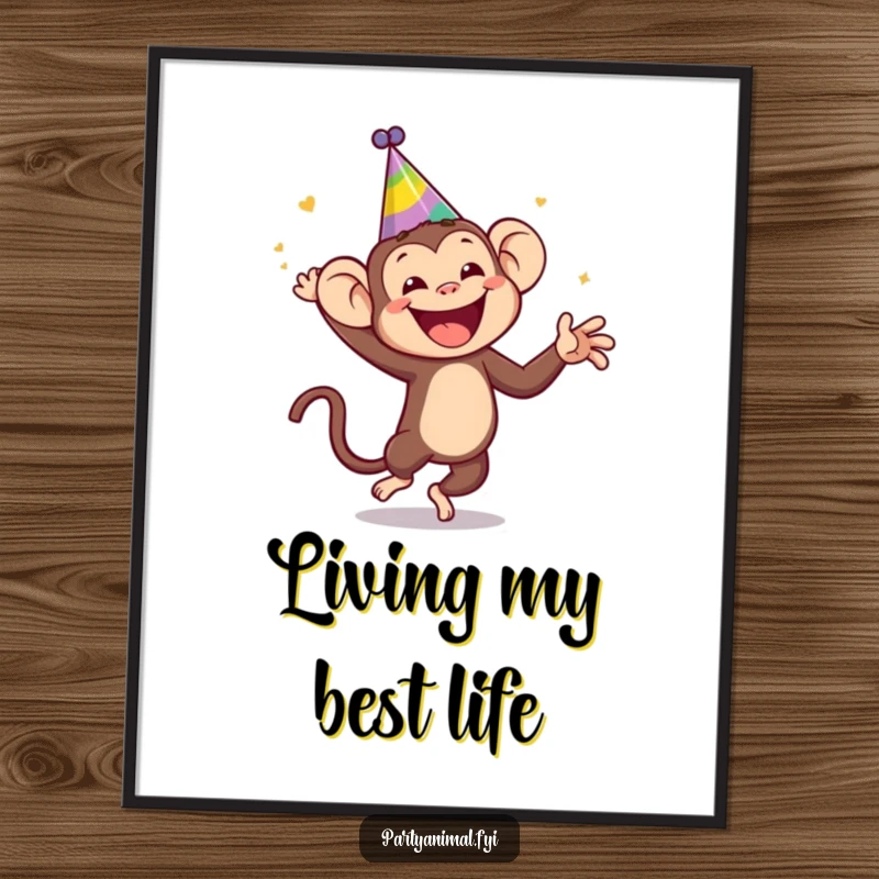 Funny monkey wearing a silly party hat, dancing wildly on a poster, adding vibrant, humorous energy to any wall space, an excellent funny gift.